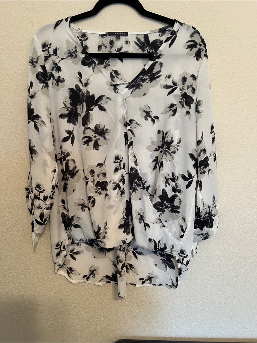 West Kei Black & White Floral Wrap-Like Blouse